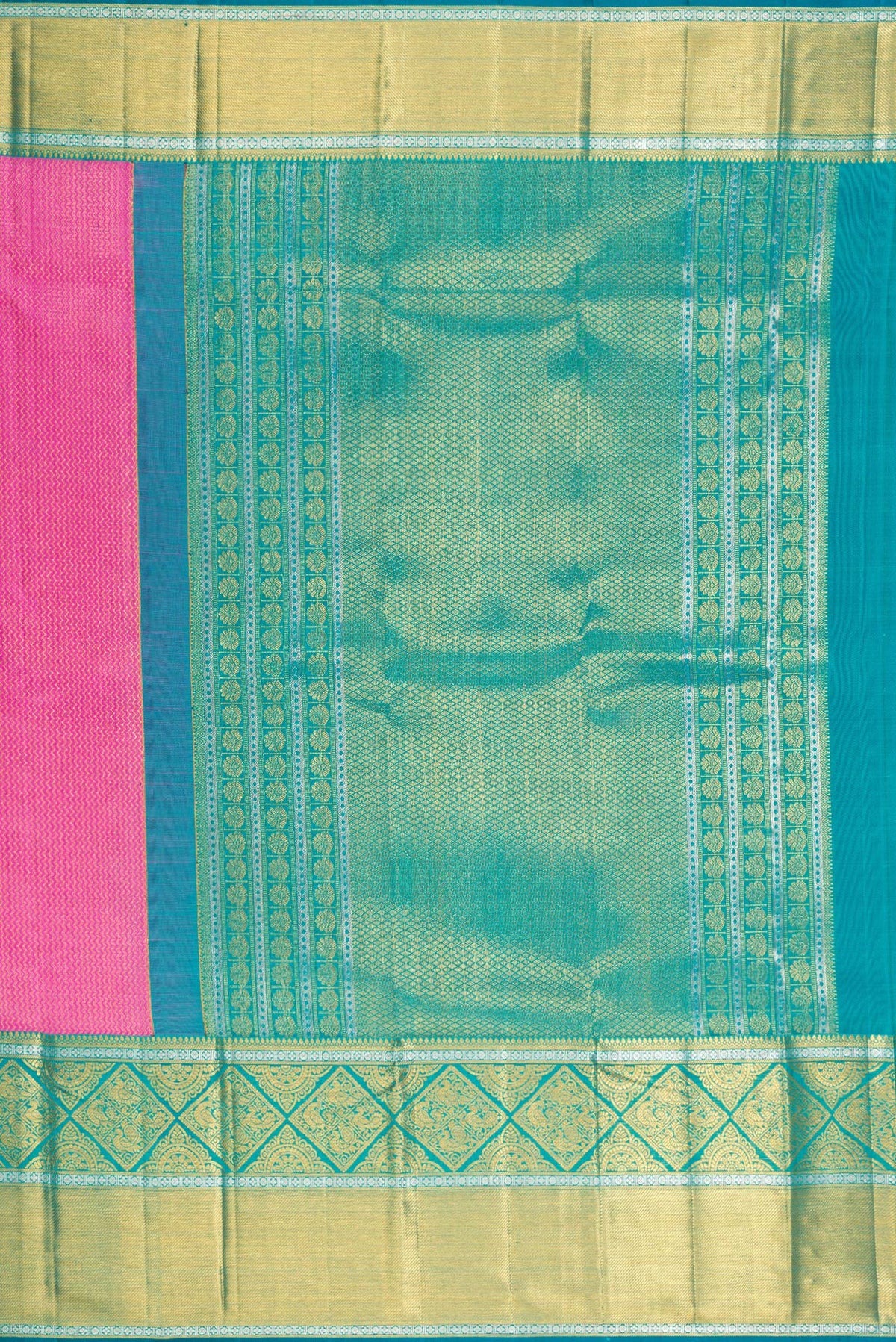 Close up image of the pallu of Pure Silk Rose pink Kanchipuram Saree with Zari Brocade on the body and Fancy Border. 