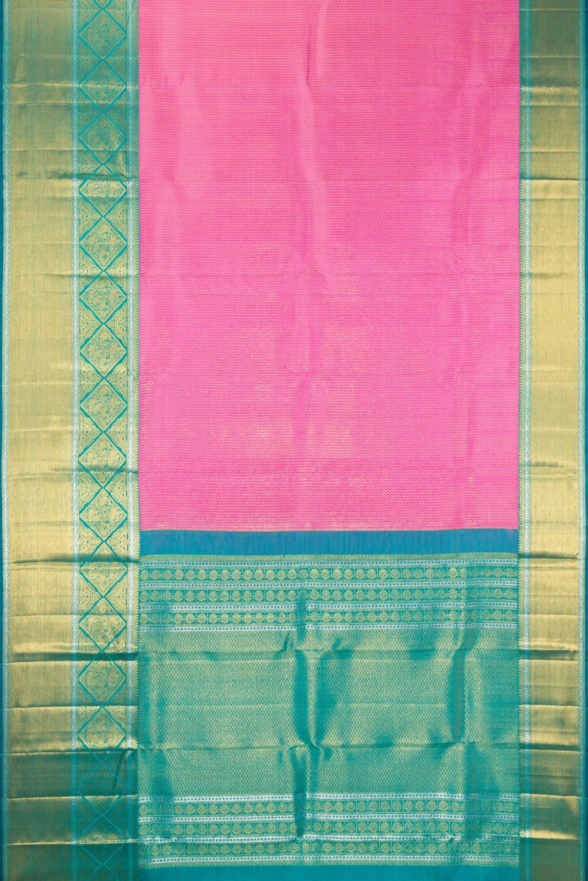 Flat view of Pure Silk Rose pink Kanchipuram Saree with Zari Brocade on the body and Fancy Border. 