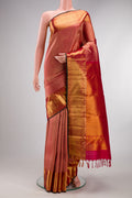 Pure Silk Maroon Dual Tone Kanchipuram Saree with Zari Brocade on the body and Zari Border.  displayed on a mannequin
