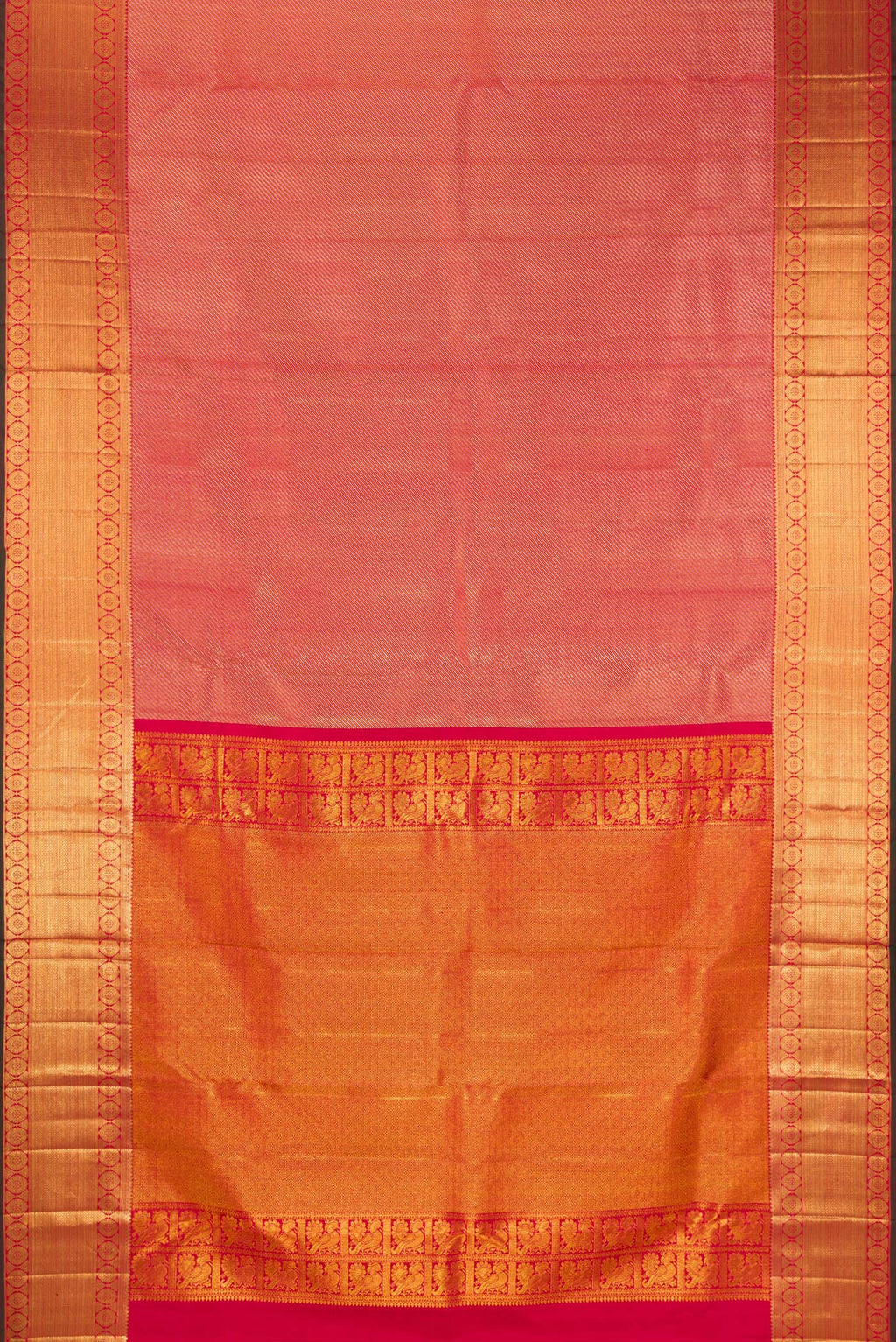 Flat view of Pure Silk Maroon Dual Tone Kanchipuram Saree with Zari Brocade on the body and Zari Border. 