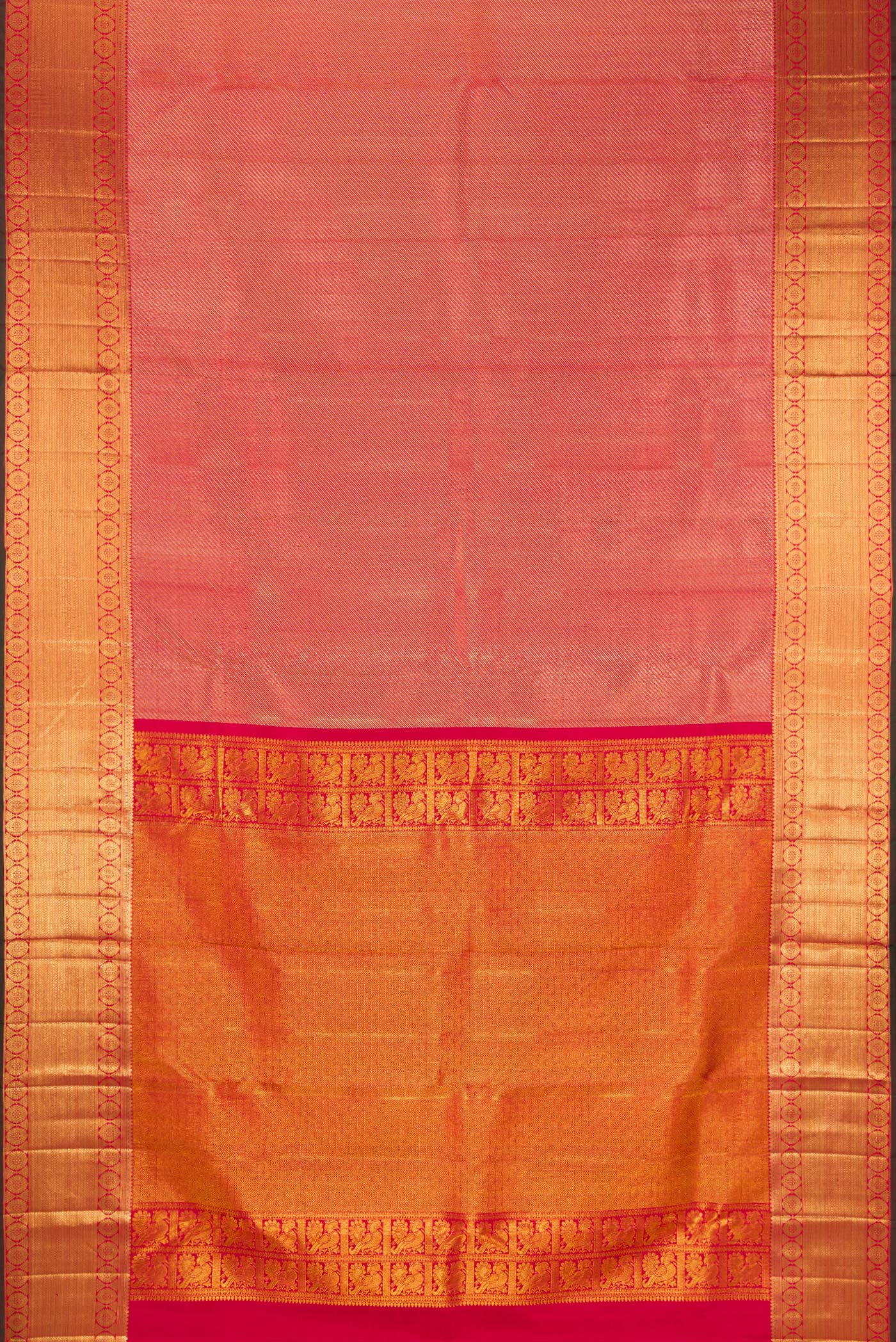 Flat view of Pure Silk Maroon Dual Tone Kanchipuram Saree with Zari Brocade on the body and Zari Border. 