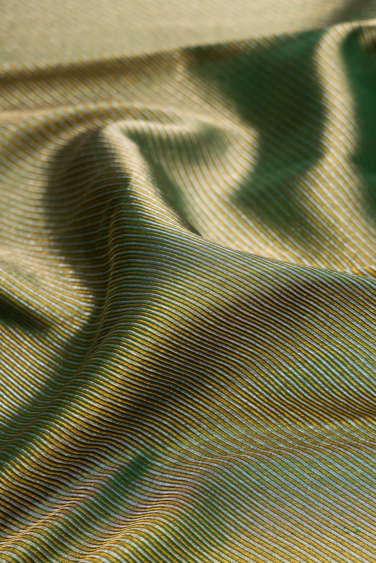 Close up of Pure Silk Bottle Green Kanchipuram Saree with Zari Brocade on the body and Zari Border.  displaying folds