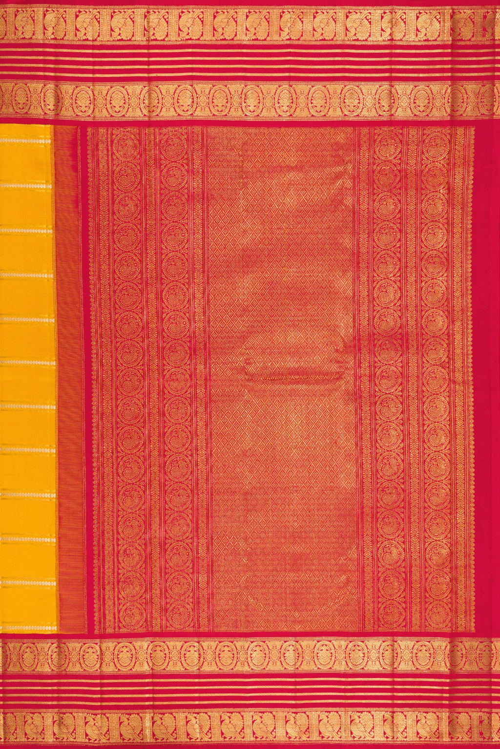 Close up image of the pallu of Yellow Kanchipuram Silk Saree with Stripes on the body and Zari Border. 