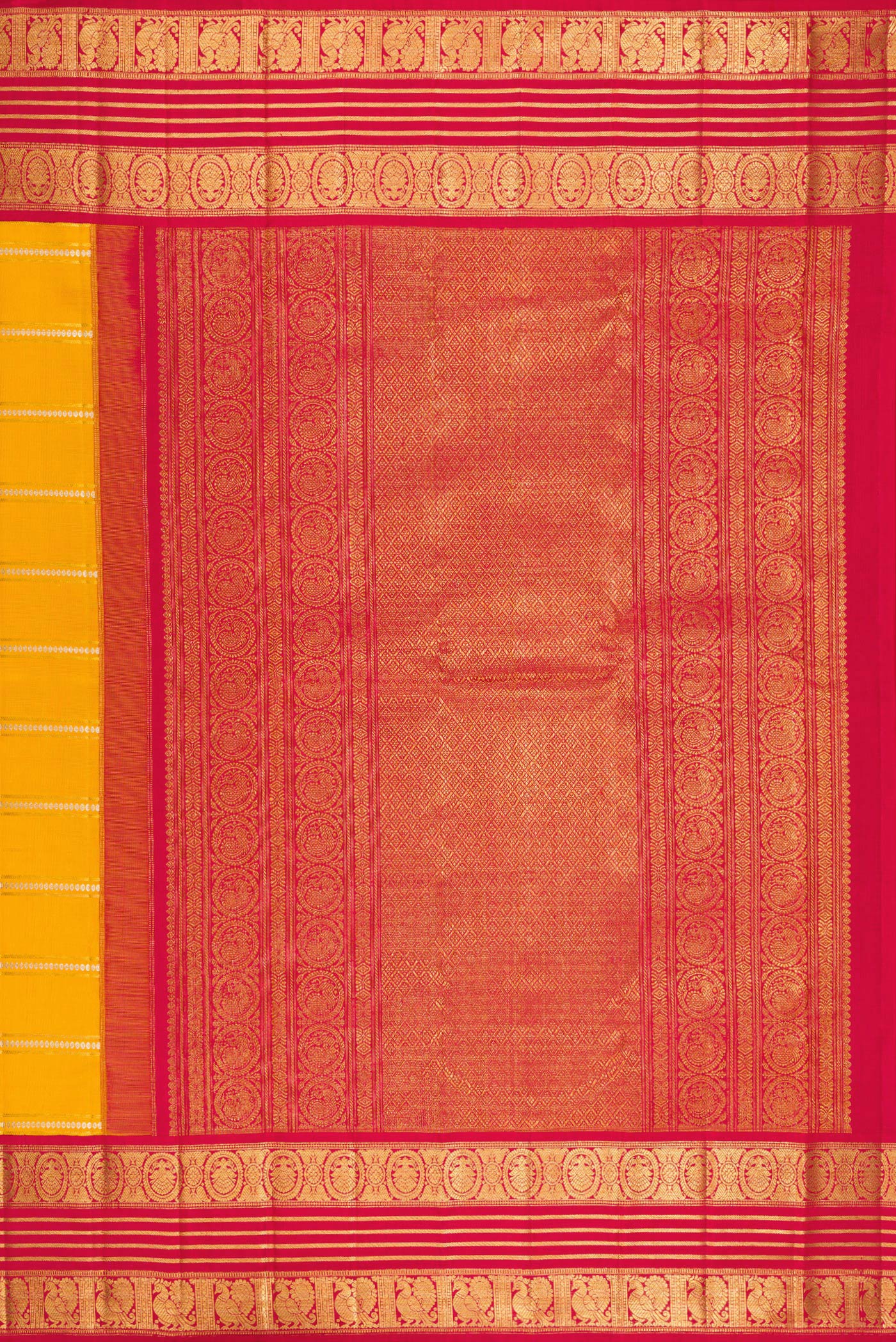 Close up image of the pallu of Yellow Kanchipuram Silk Saree with Stripes on the body and Zari Border. 