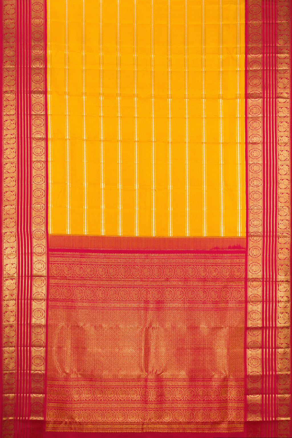 Flat view of Yellow Kanchipuram Silk Saree with Stripes on the body and Zari Border. 