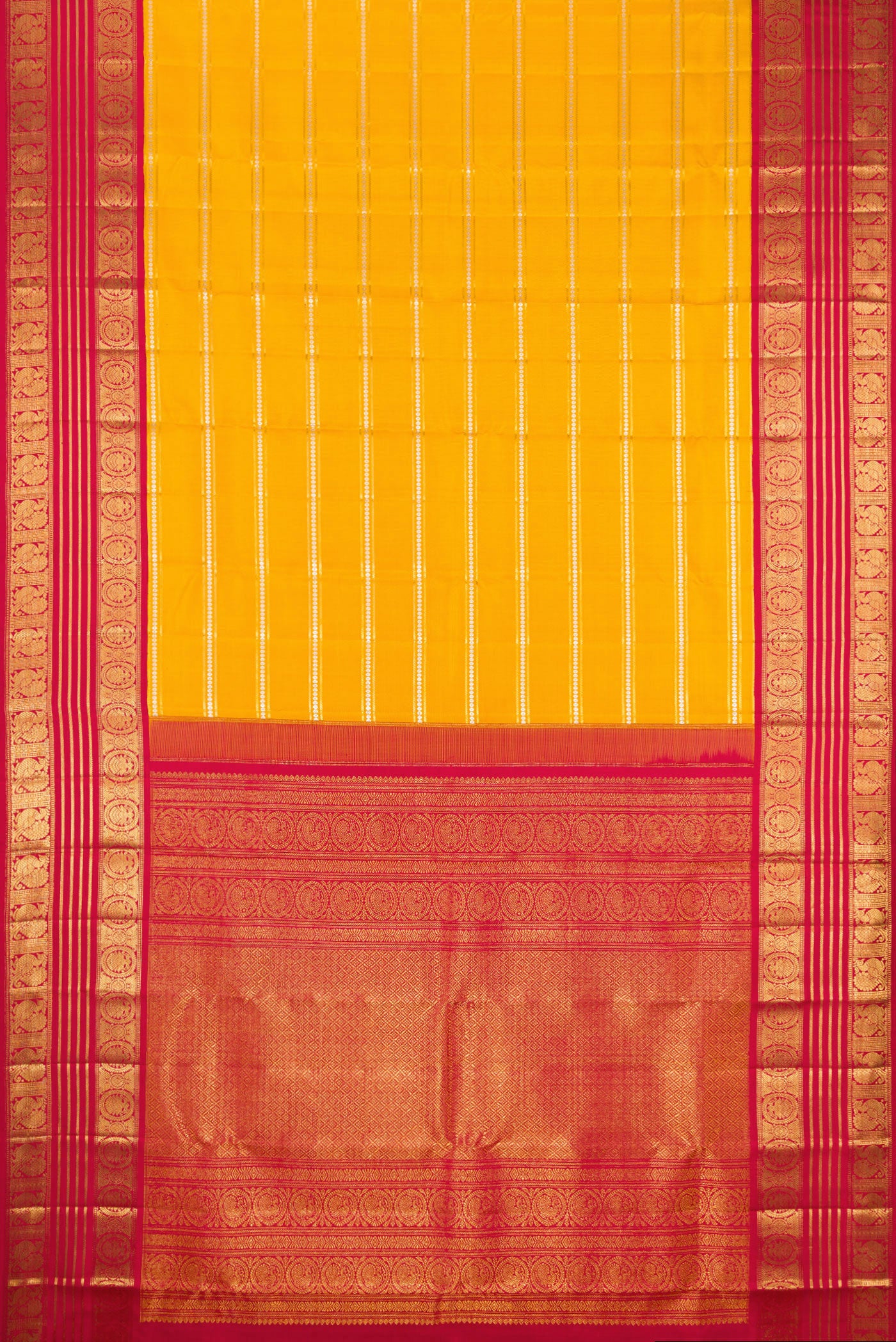 Flat view of Yellow Kanchipuram Silk Saree with Stripes on the body and Zari Border. 