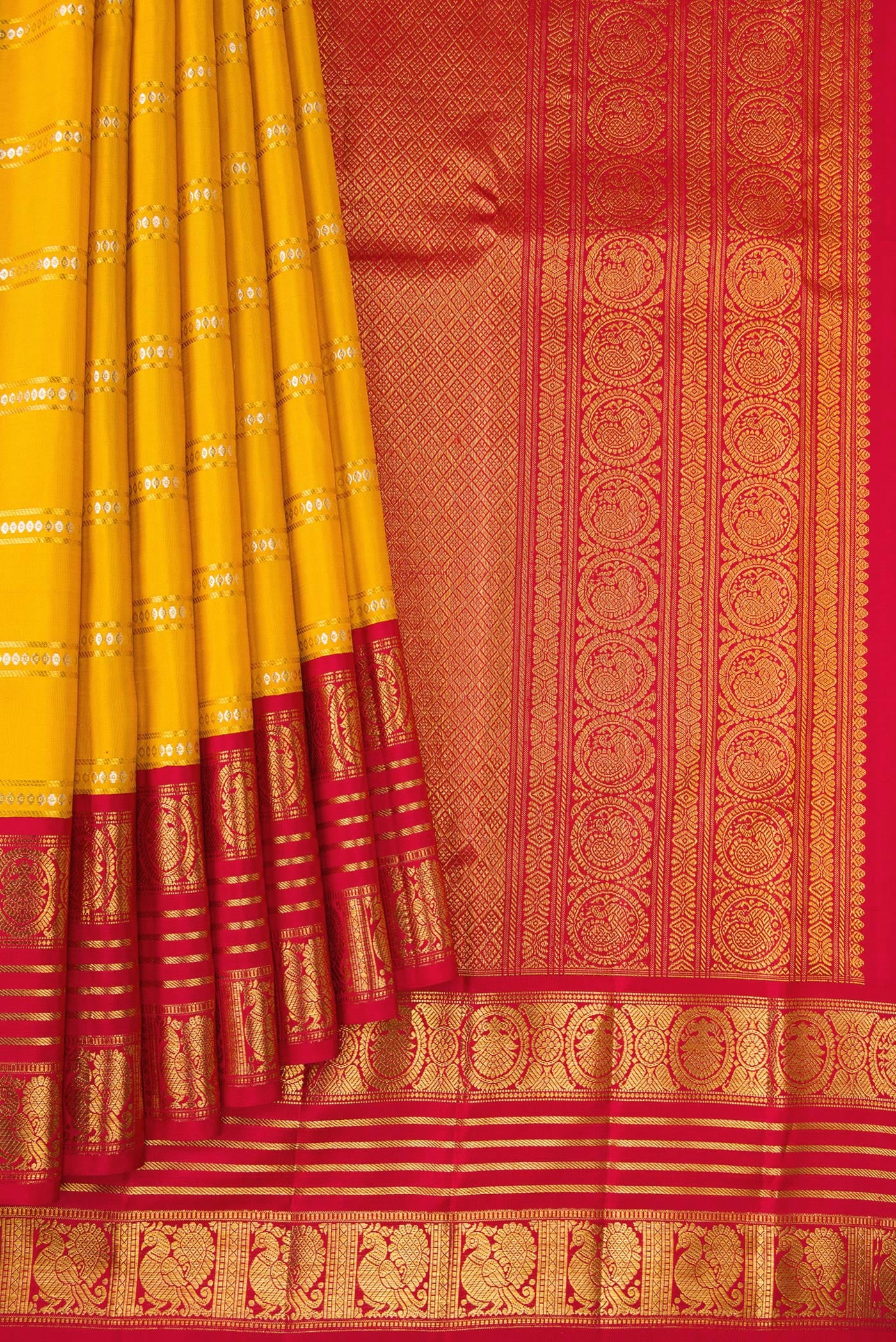 Pleats and pallu of Yellow Kanchipuram Silk Saree with Stripes on the body and Zari Border. 
