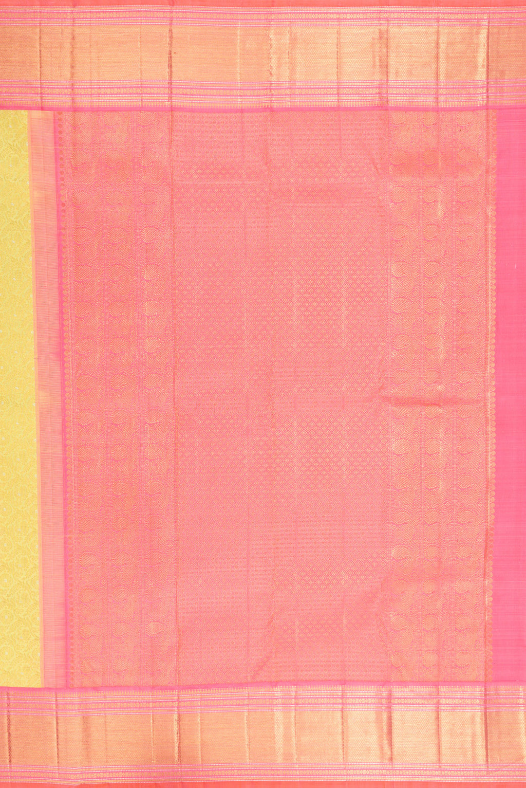 Close up image of the pallu of Pure Silk Lemon Yellow Kanchipuram Saree with Zari Brocade on the body and Zari Border. 