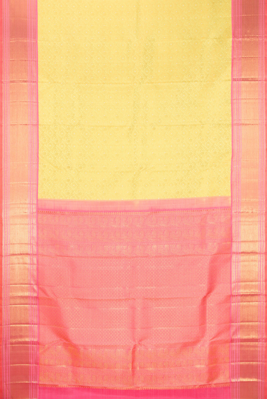 Flat view of Pure Silk Lemon Yellow Kanchipuram Saree with Zari Brocade on the body and Zari Border. 