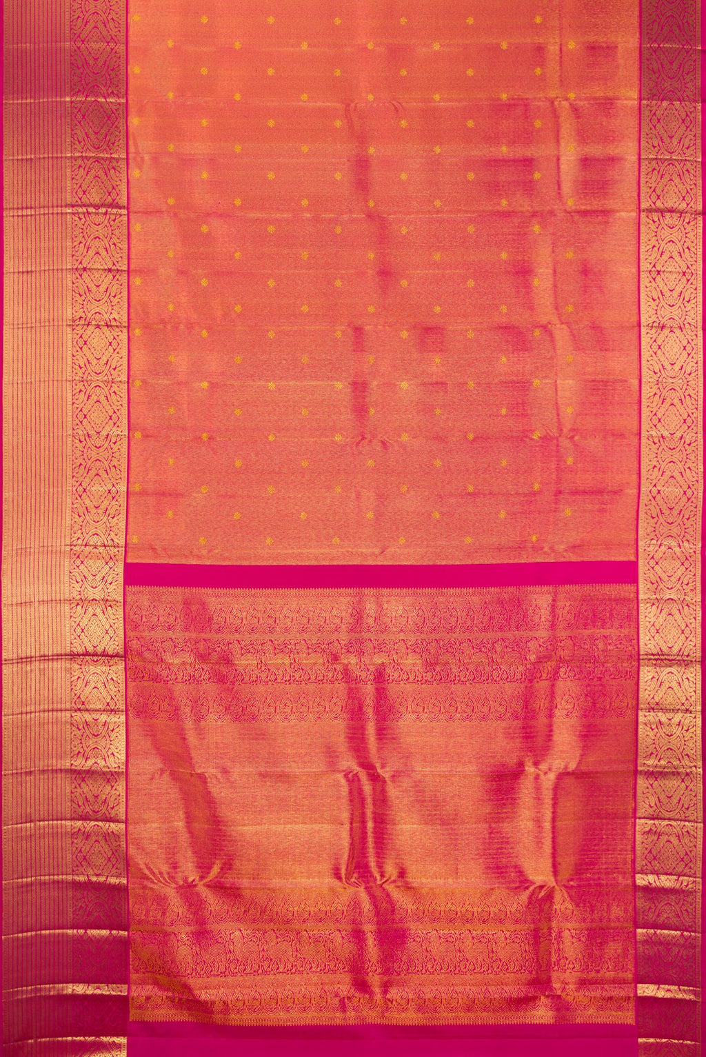 Flat view of Dark Pink Kanchipuram Silk Saree with Zari Brocade on the body and Zari Border. 