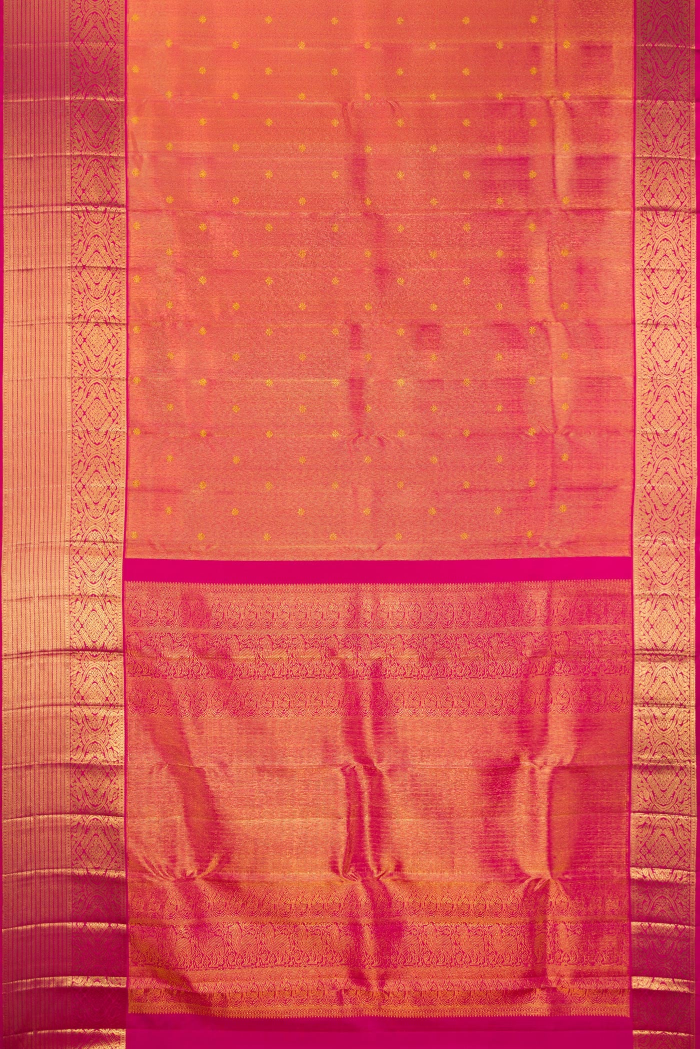 Flat view of Dark Pink Kanchipuram Silk Saree with Zari Brocade on the body and Zari Border. 
