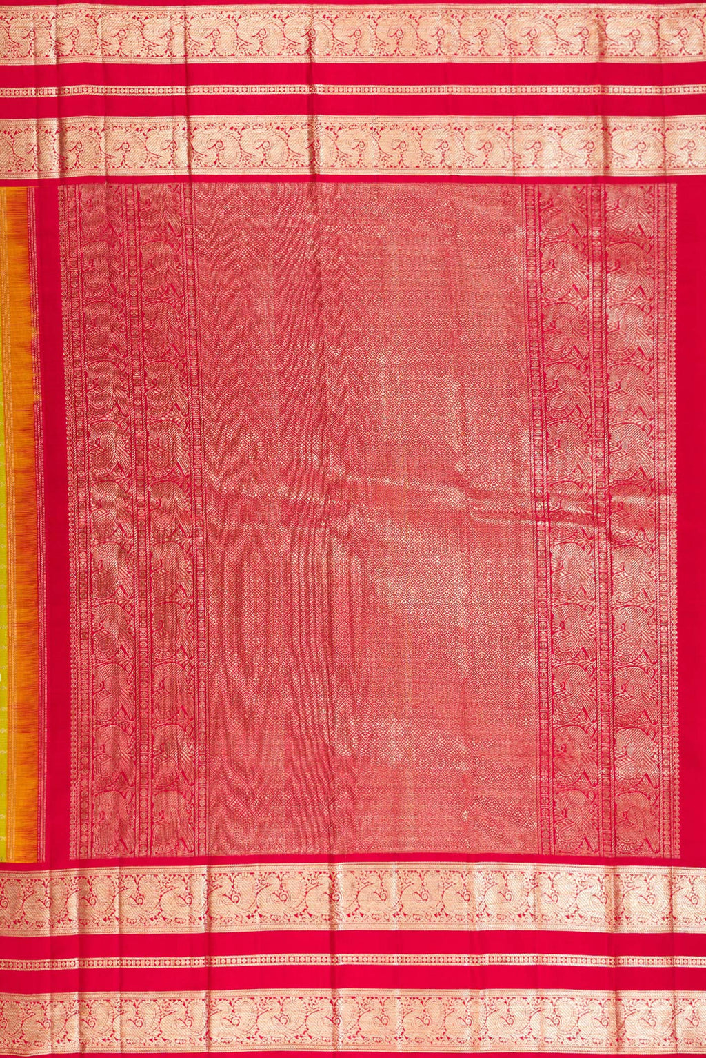 Close up image of the pallu of Pure Silk Parrot Green Kanchipuram Saree with Stripes on the body and Fancy Border. 
