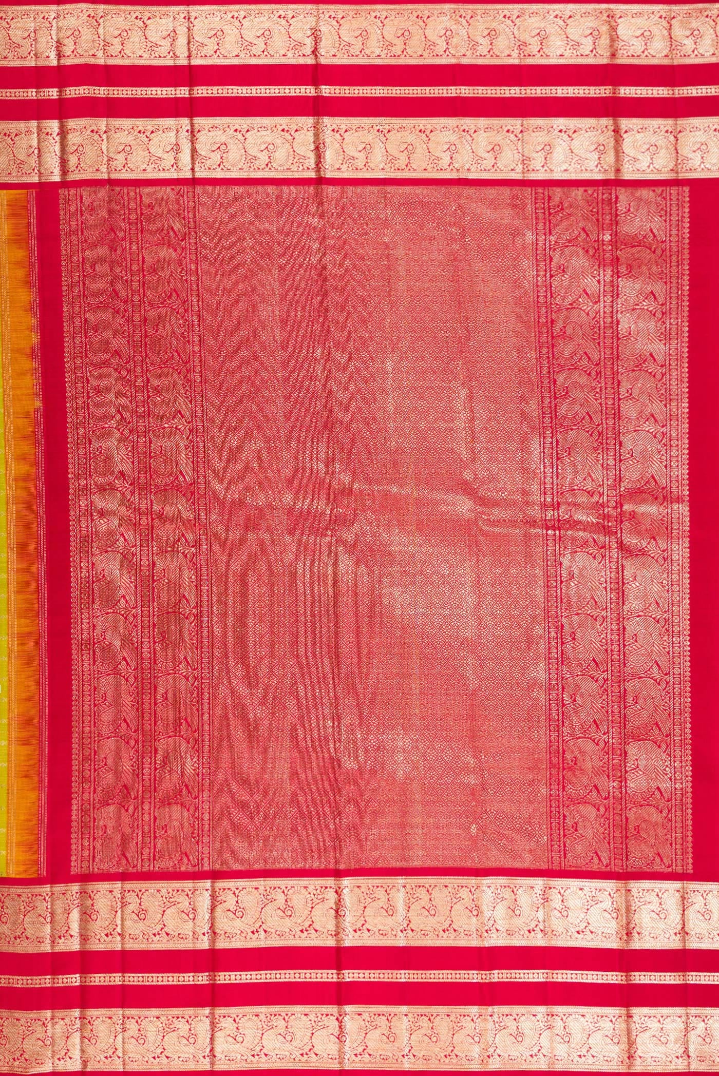 Close up image of the pallu of Pure Silk Parrot Green Kanchipuram Saree with Stripes on the body and Fancy Border. 