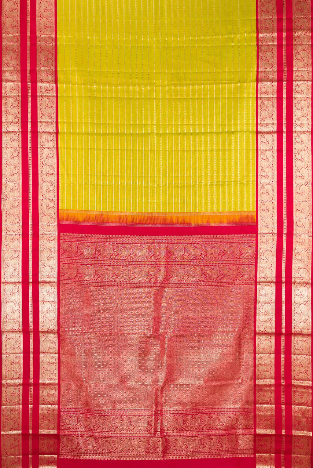 Flat view of Pure Silk Parrot Green Kanchipuram Saree with Stripes on the body and Fancy Border. 