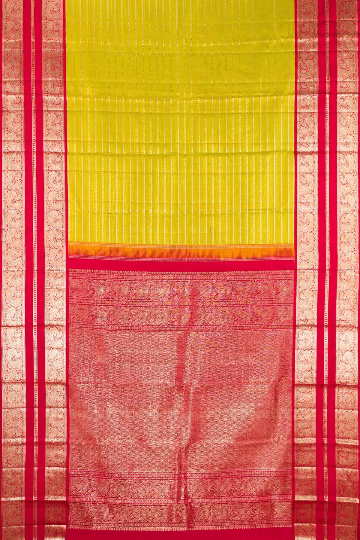 Flat view of Pure Silk Parrot Green Kanchipuram Saree with Stripes on the body and Fancy Border. 