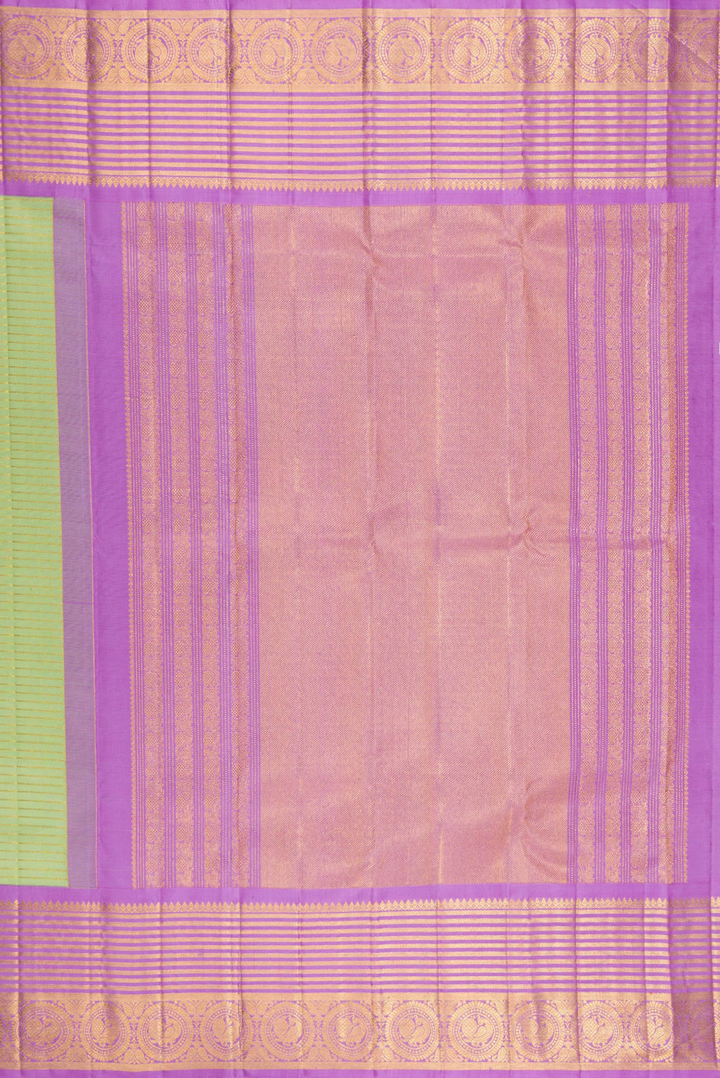 Close up image of the pallu of Pure Silk Pista Green Kanchipuram Saree with Stripes on the body and Zari Border. 