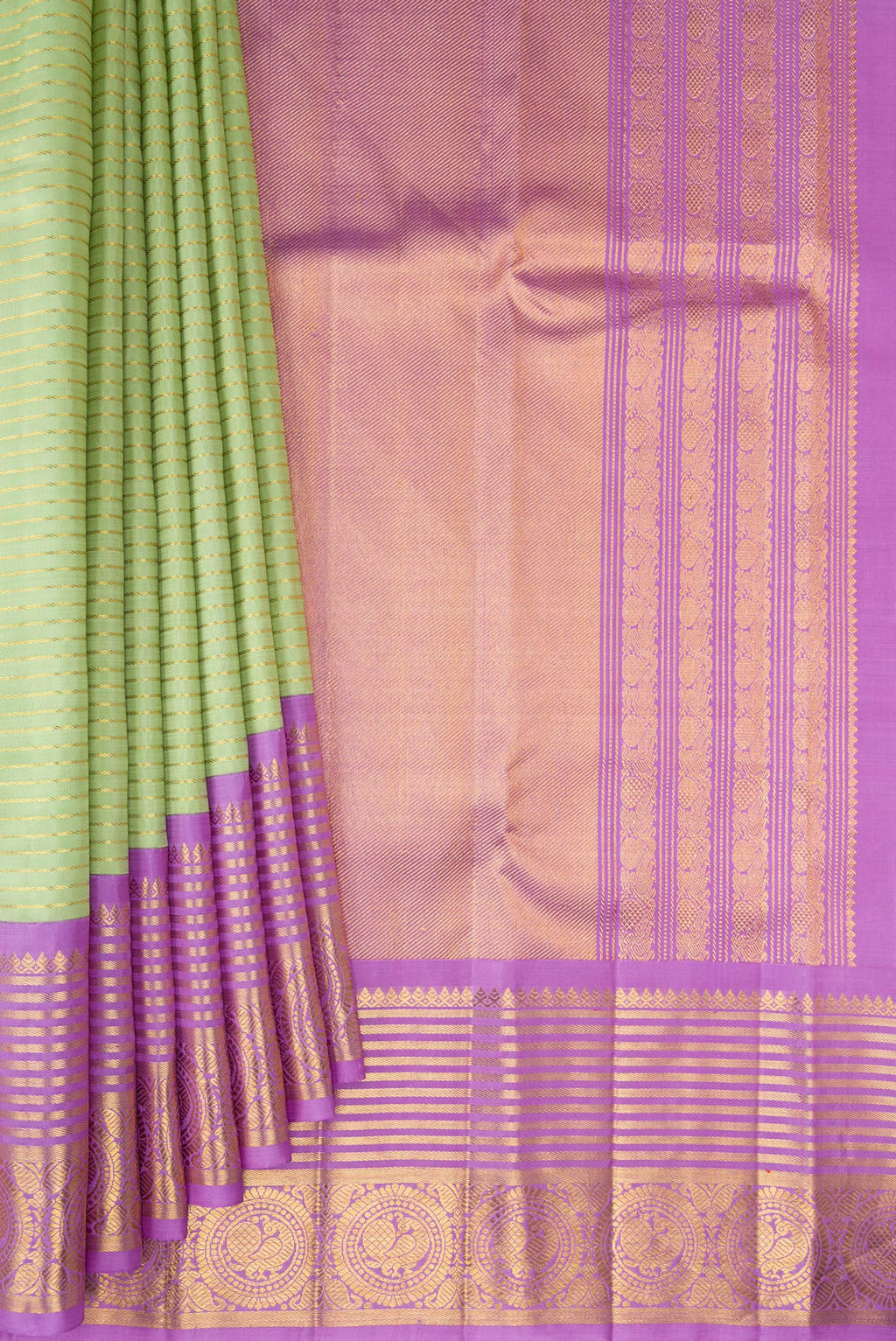 Pleats and pallu of Pure Silk Pista Green Kanchipuram Saree with Stripes on the body and Zari Border. 