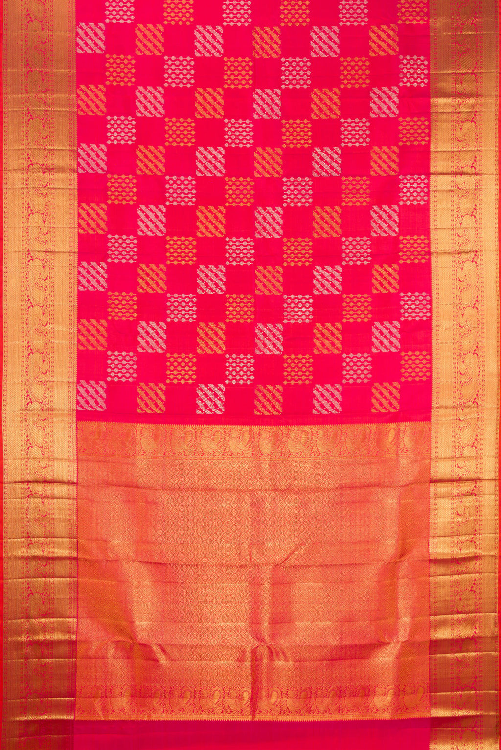 Flat view of Pink Kanjivaram Silk Saree with Zari Brocade on the body and Zari Border. 