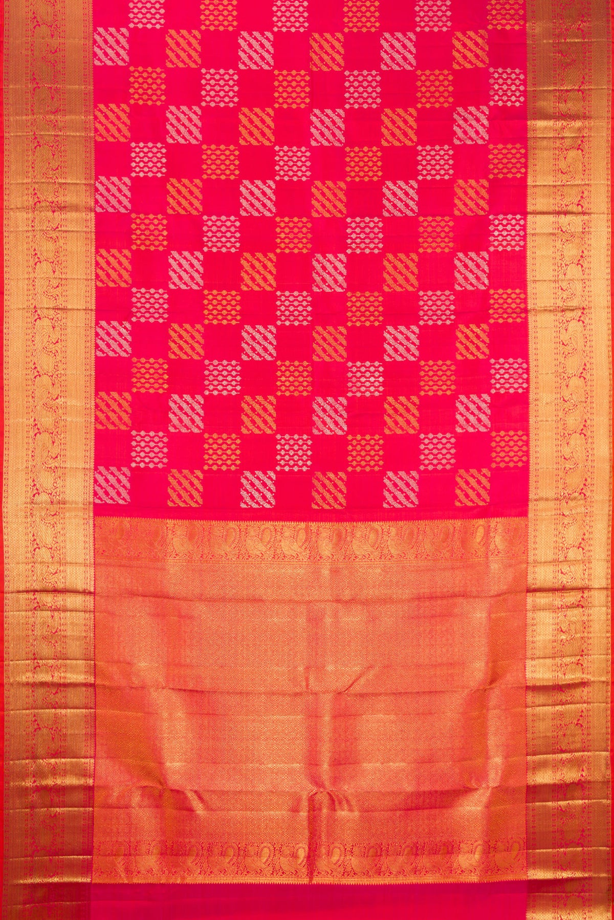 Flat view of Pink Kanjivaram Silk Saree with Zari Brocade on the body and Zari Border. 