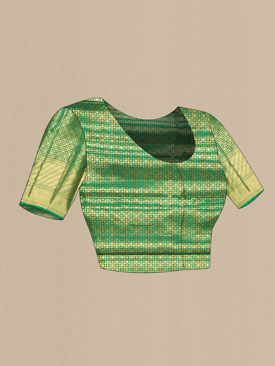 Close up image of the blouse of Green Kanjivaram Silk Saree with Zari Brocade on the body and Zari Border. 