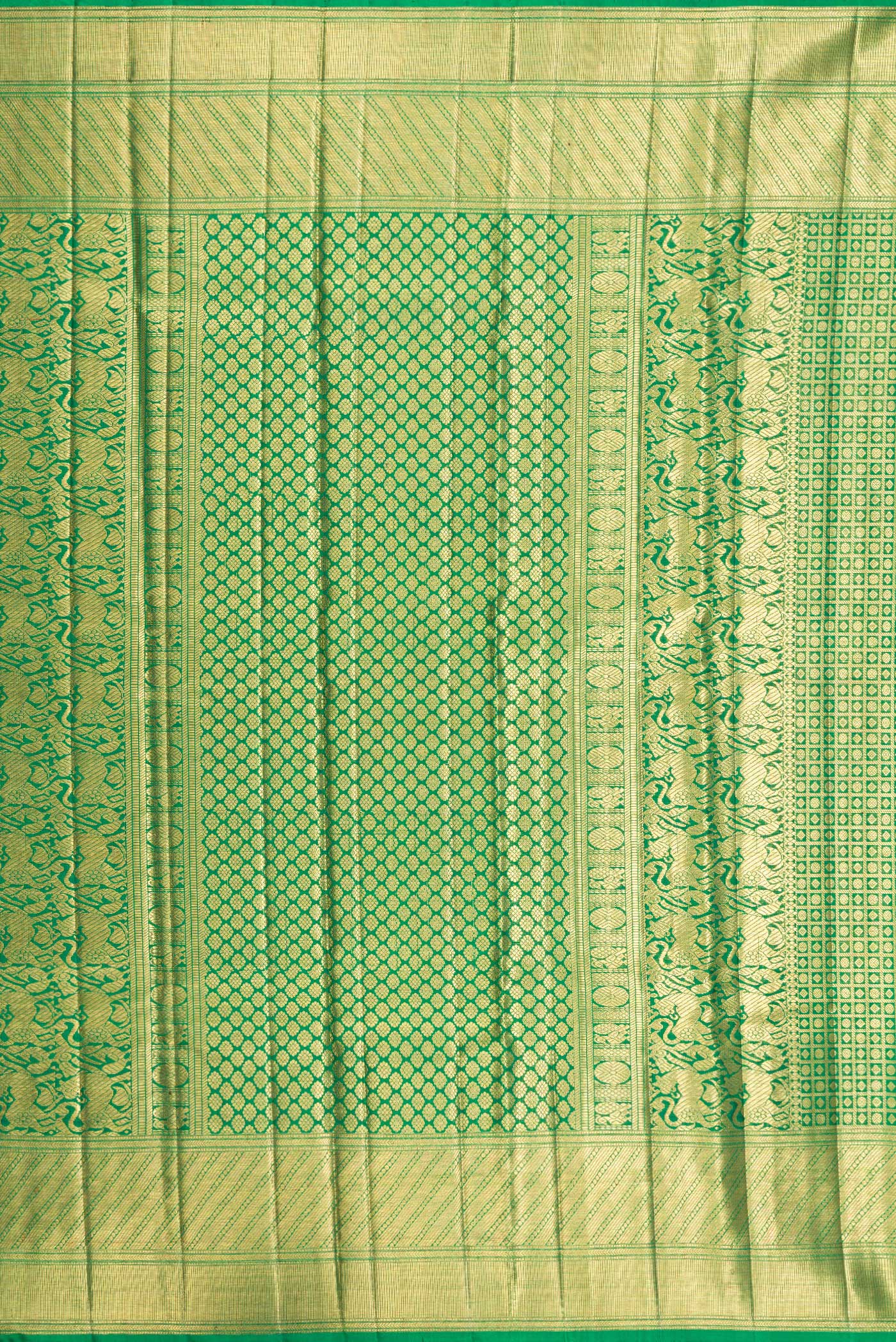 Close up image of the pallu of Green Kanjivaram Silk Saree with Zari Brocade on the body and Zari Border. 
