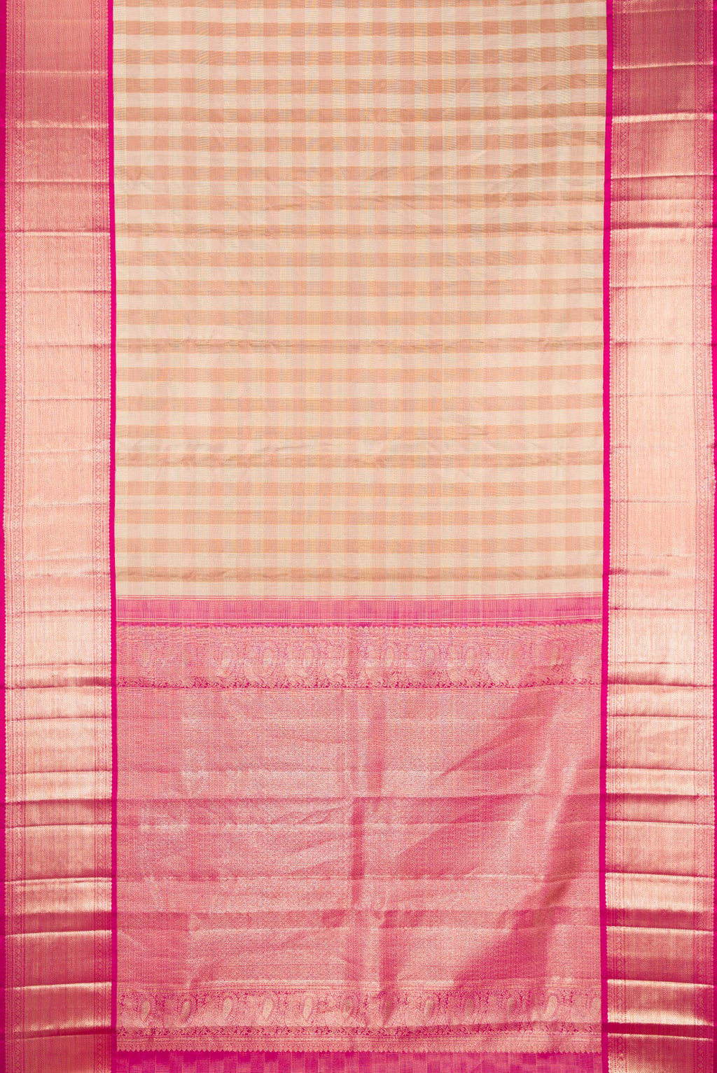 Flat view of Pure Silk Rose Gold Dual Tone Kanjivaram Tissue Saree with Checked design on the body and Zari Border. 