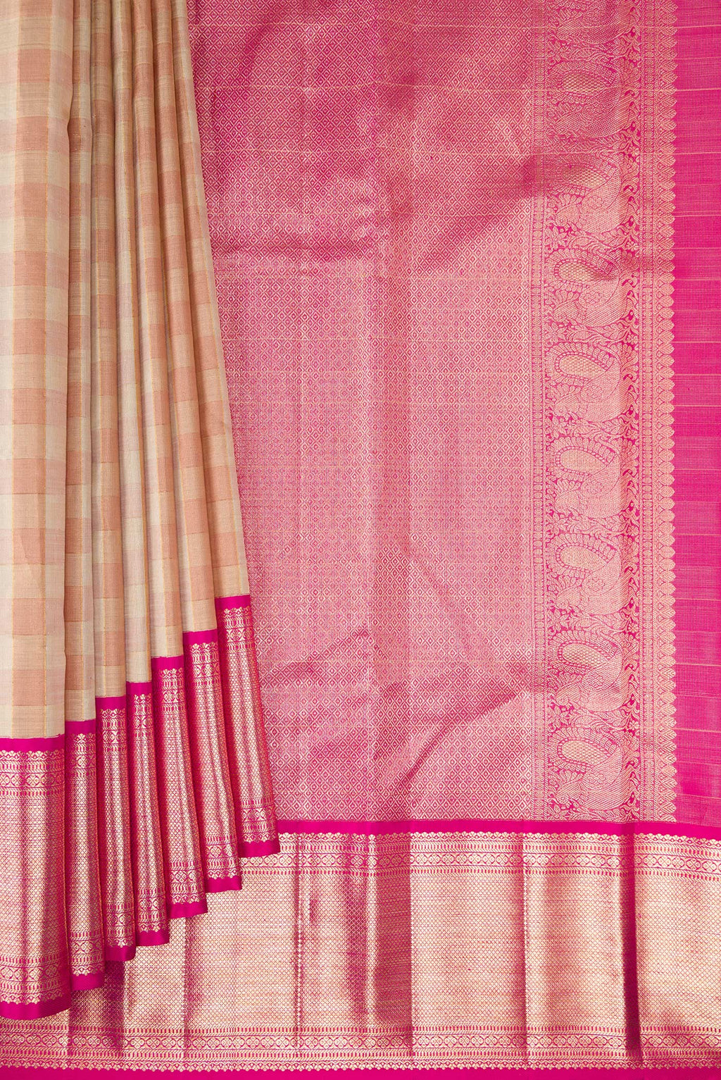 Pleats and pallu of Pure Silk Rose Gold Dual Tone Kanjivaram Tissue Saree with Checked design on the body and Zari Border. 