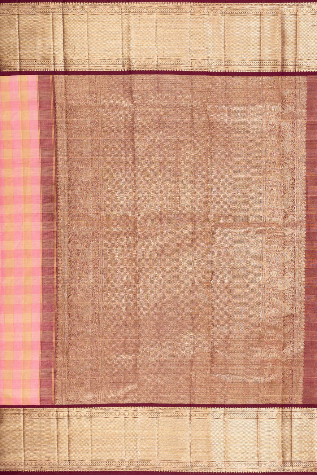 Close up image of the pallu of Pure Silk Rose pink Kanjivaram Tissue Saree with Checked design on the body and Zari Border. 
