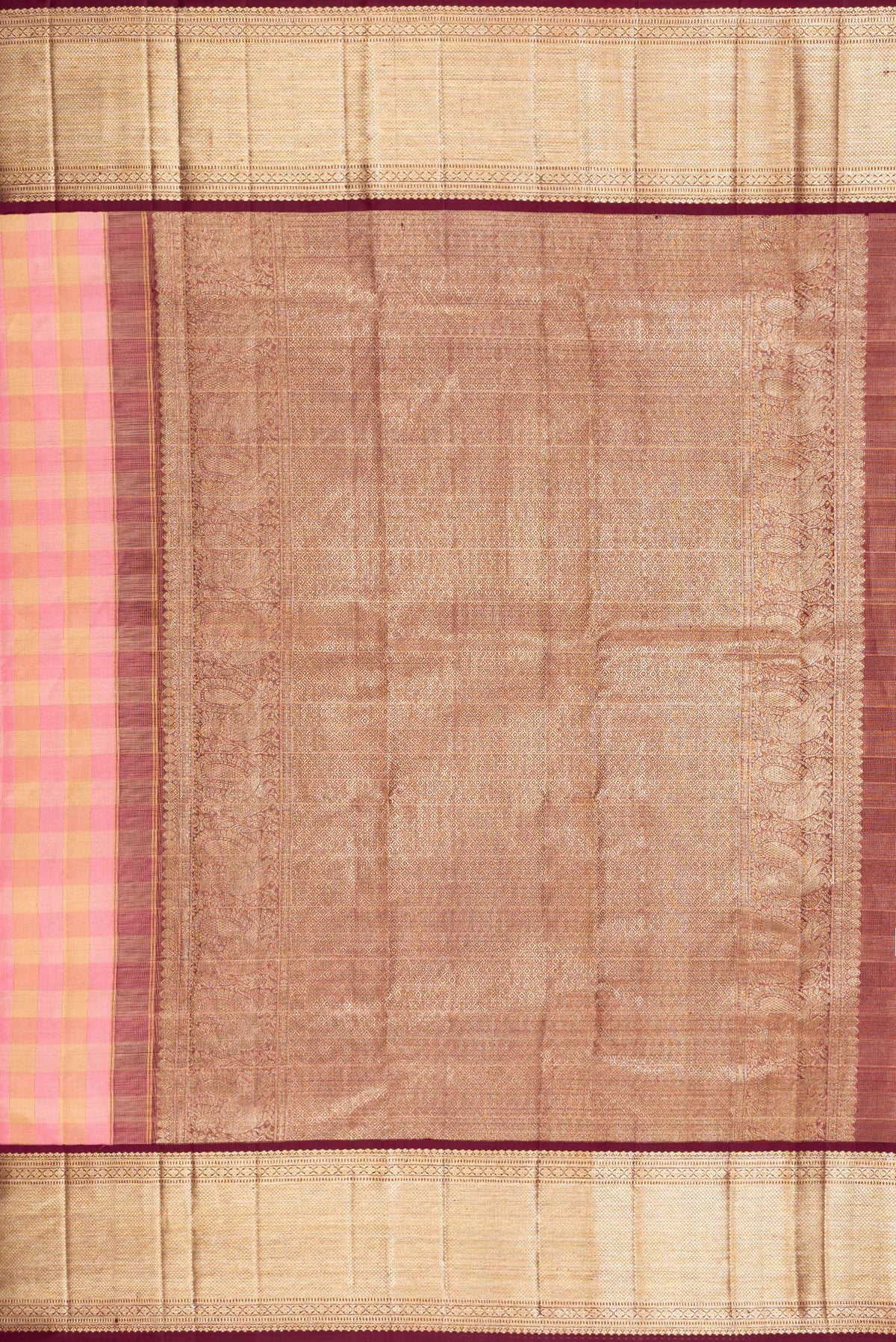 Close up image of the pallu of Pure Silk Rose pink Kanjivaram Tissue Saree with Checked design on the body and Zari Border. 