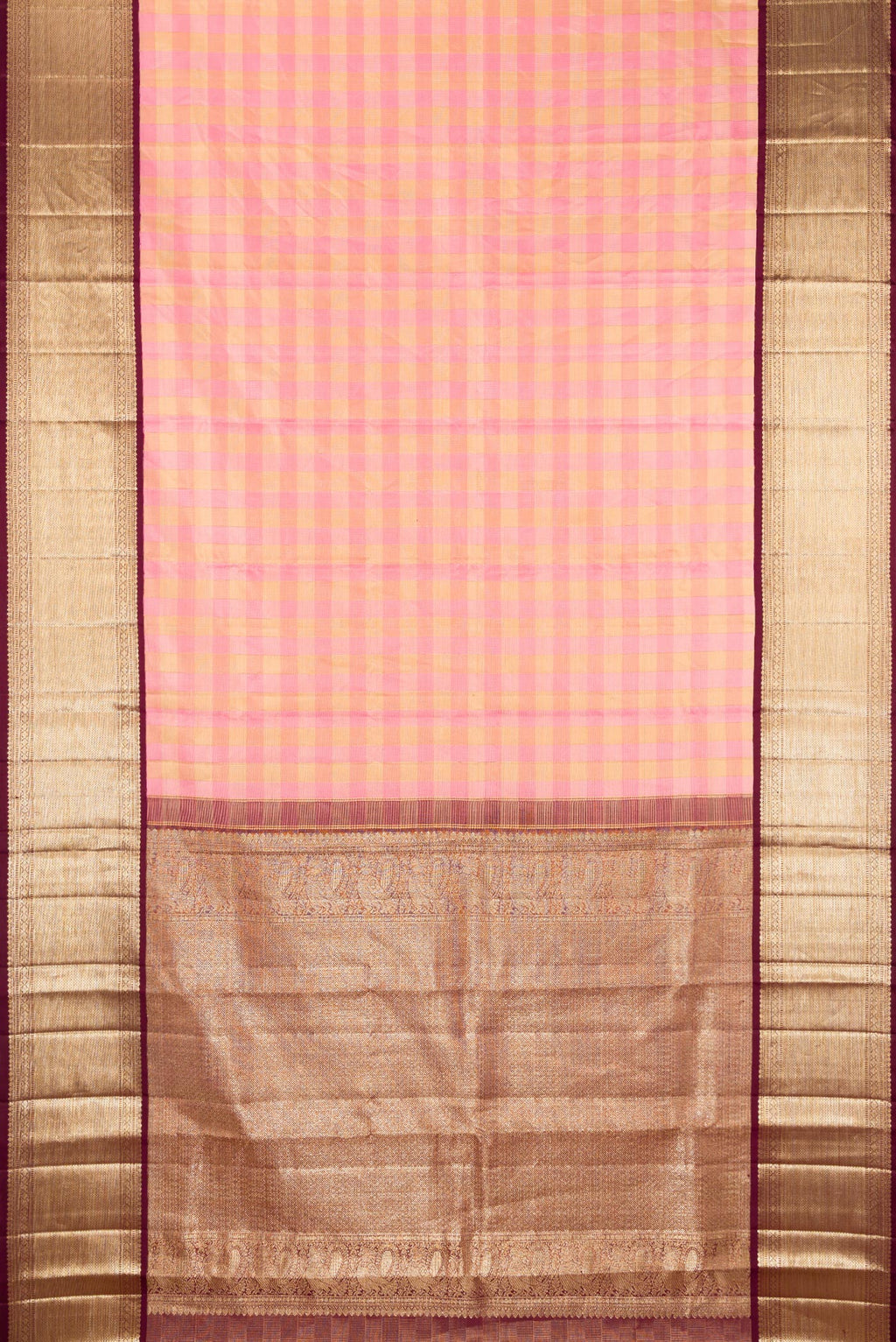 Flat view of Pure Silk Rose pink Kanjivaram Tissue Saree with Checked design on the body and Zari Border. 