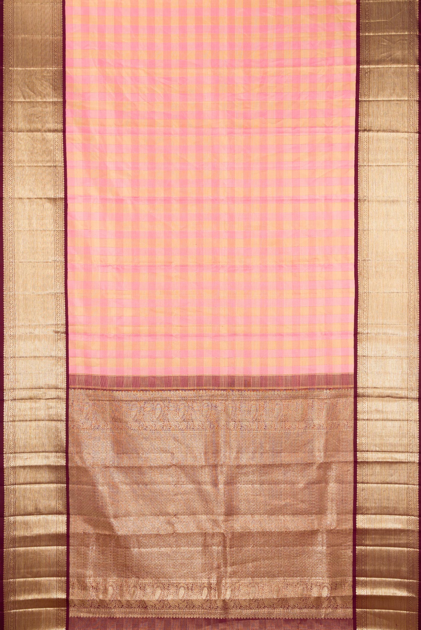Flat view of Pure Silk Rose pink Kanjivaram Tissue Saree with Checked design on the body and Zari Border. 