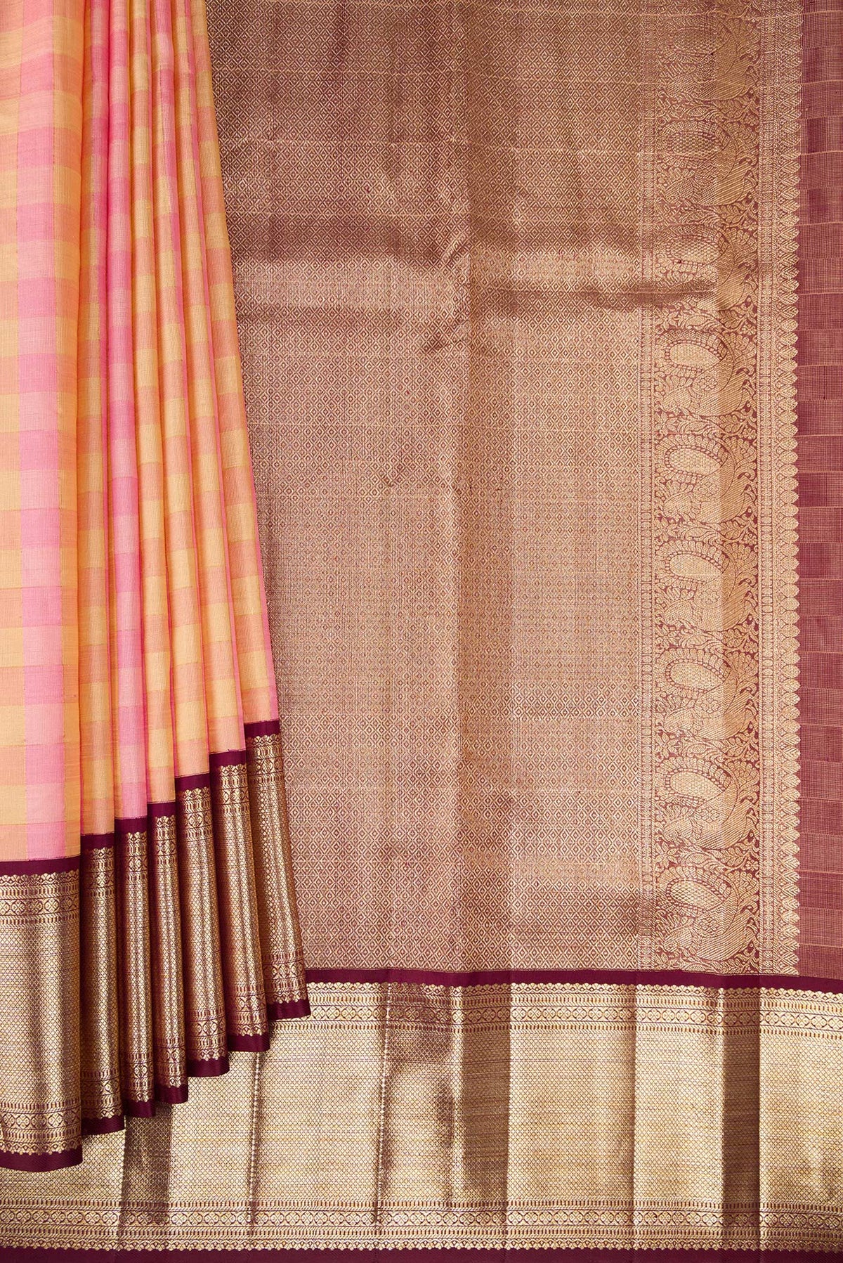 Pleats and pallu of Pure Silk Rose pink Kanjivaram Tissue Saree with Checked design on the body and Zari Border. 