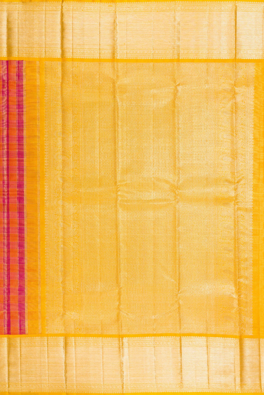 Close up image of the pallu of Multi Color Kanjivaram Tissue Saree with Checked design on the body and Zari Border. 
