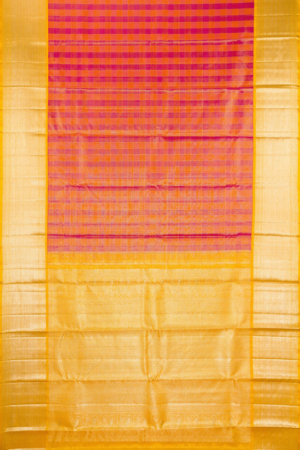 Flat view of Multi Color Kanjivaram Tissue Saree with Checked design on the body and Zari Border. 