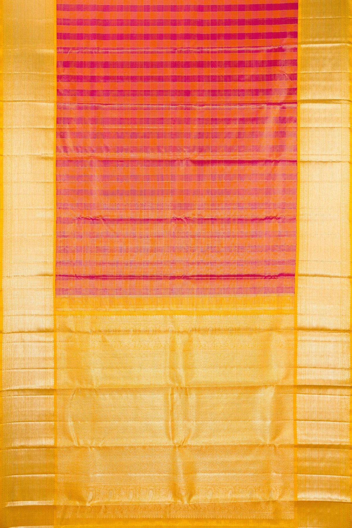Flat view of Multi Color Kanjivaram Tissue Saree with Checked design on the body and Zari Border. 