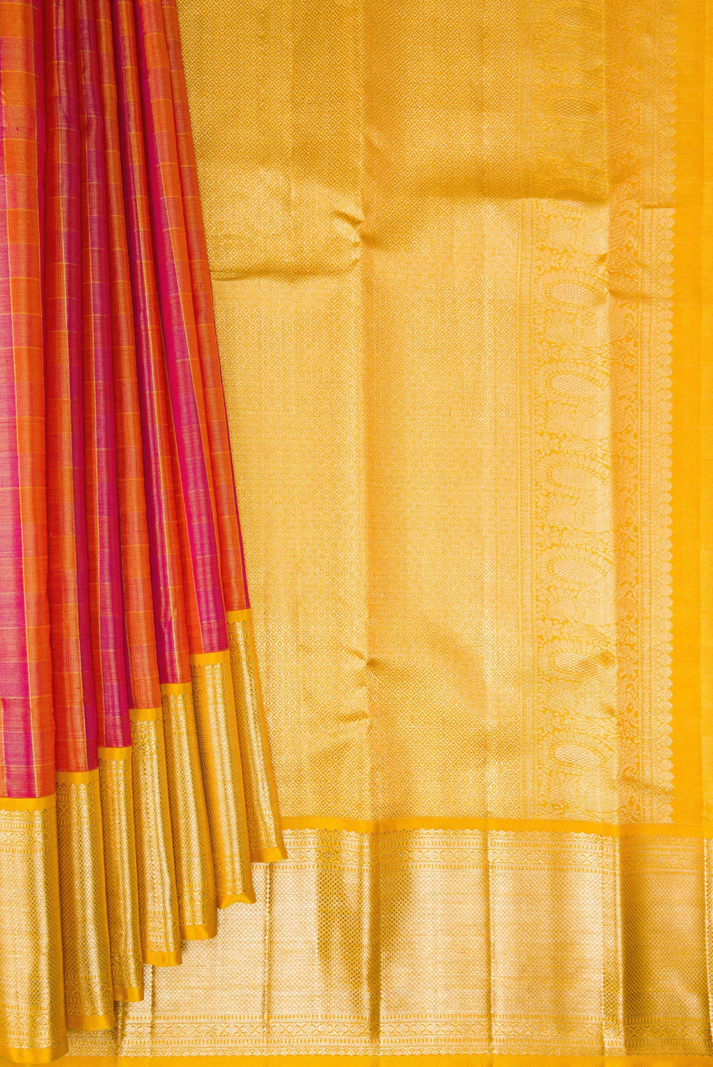 Pleats and pallu of Multi Color Kanjivaram Tissue Saree with Checked design on the body and Zari Border. 