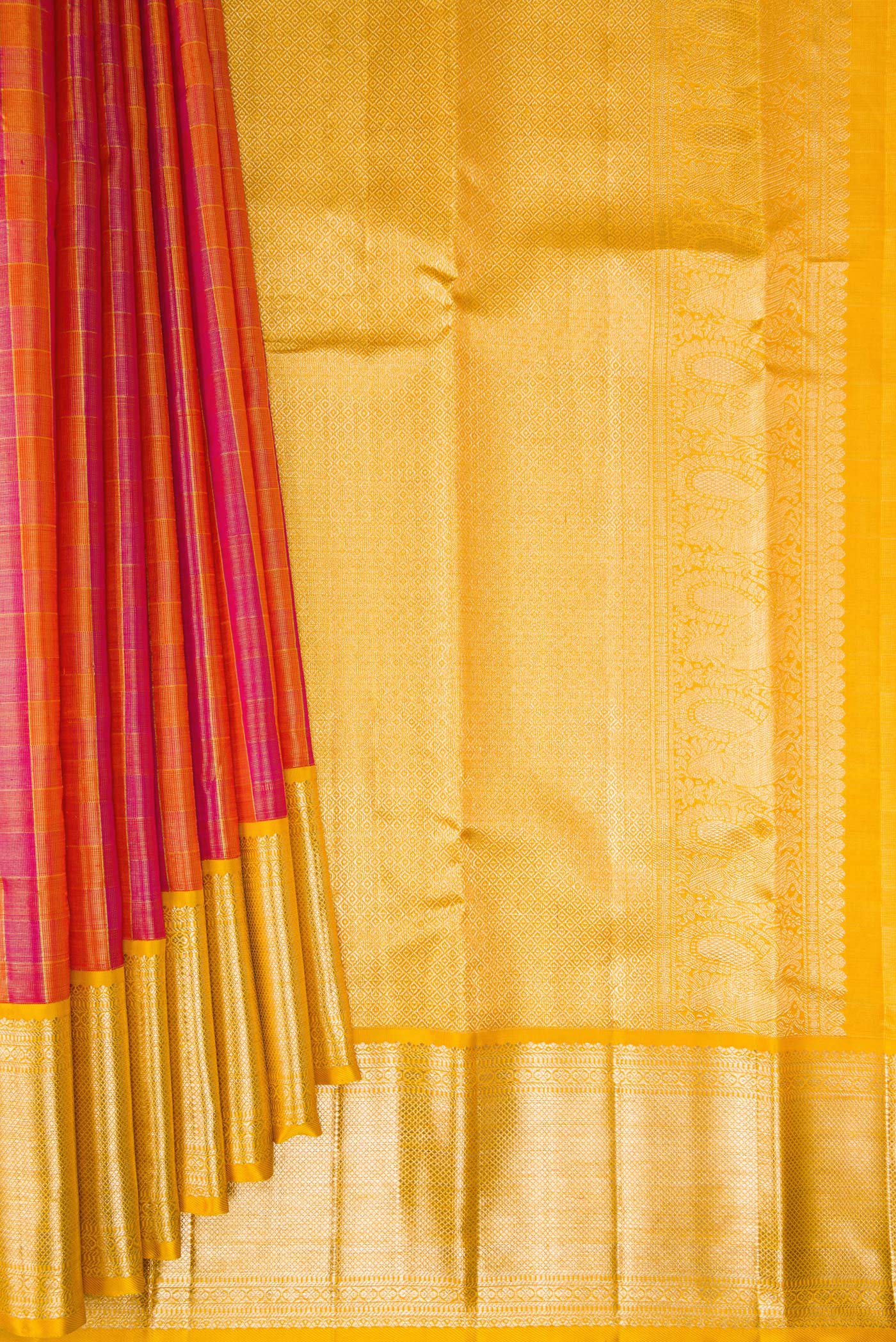 Pleats and pallu of Multi Color Kanjivaram Tissue Saree with Checked design on the body and Zari Border. 