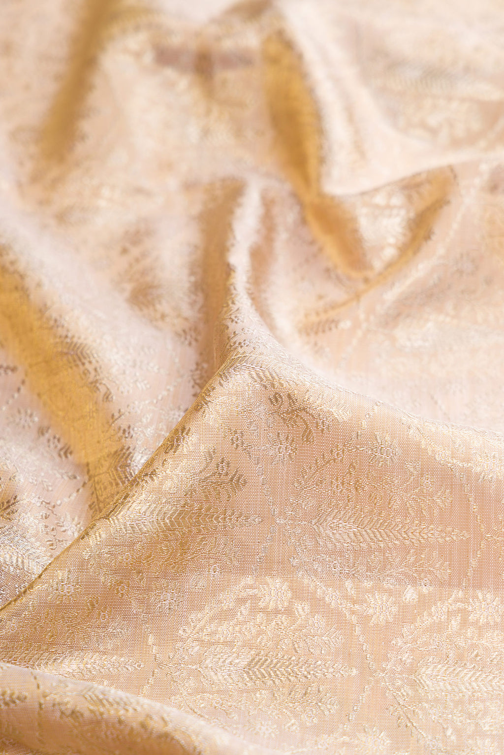 Close up of Golden Peach Kanjivaram Tissue Silk Saree with Zari Brocade on the body and Zari Border.  displaying folds