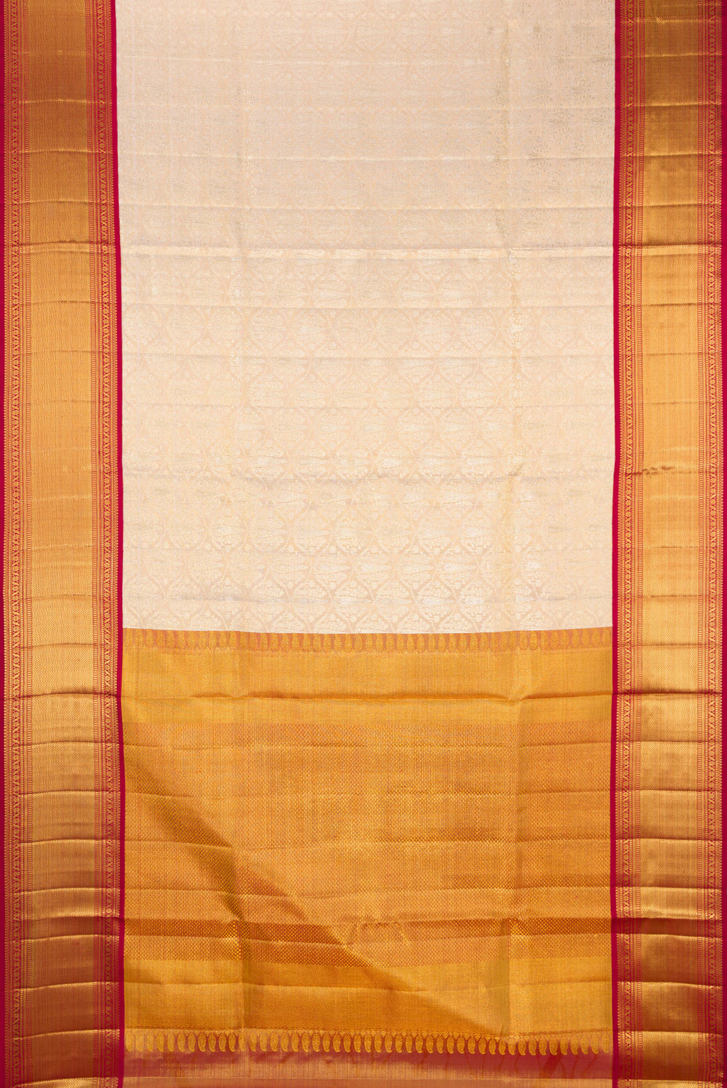 Flat view of Golden Peach Kanjivaram Tissue Silk Saree with Zari Brocade on the body and Zari Border. 