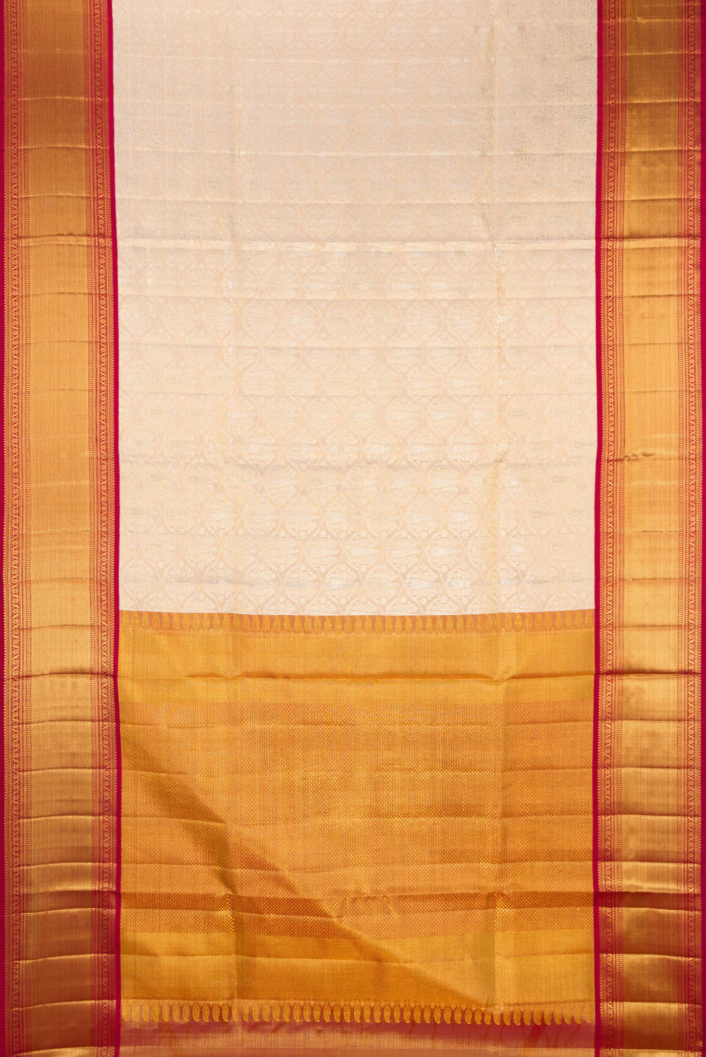 Flat view of Golden Peach Kanjivaram Tissue Silk Saree with Zari Brocade on the body and Zari Border. 