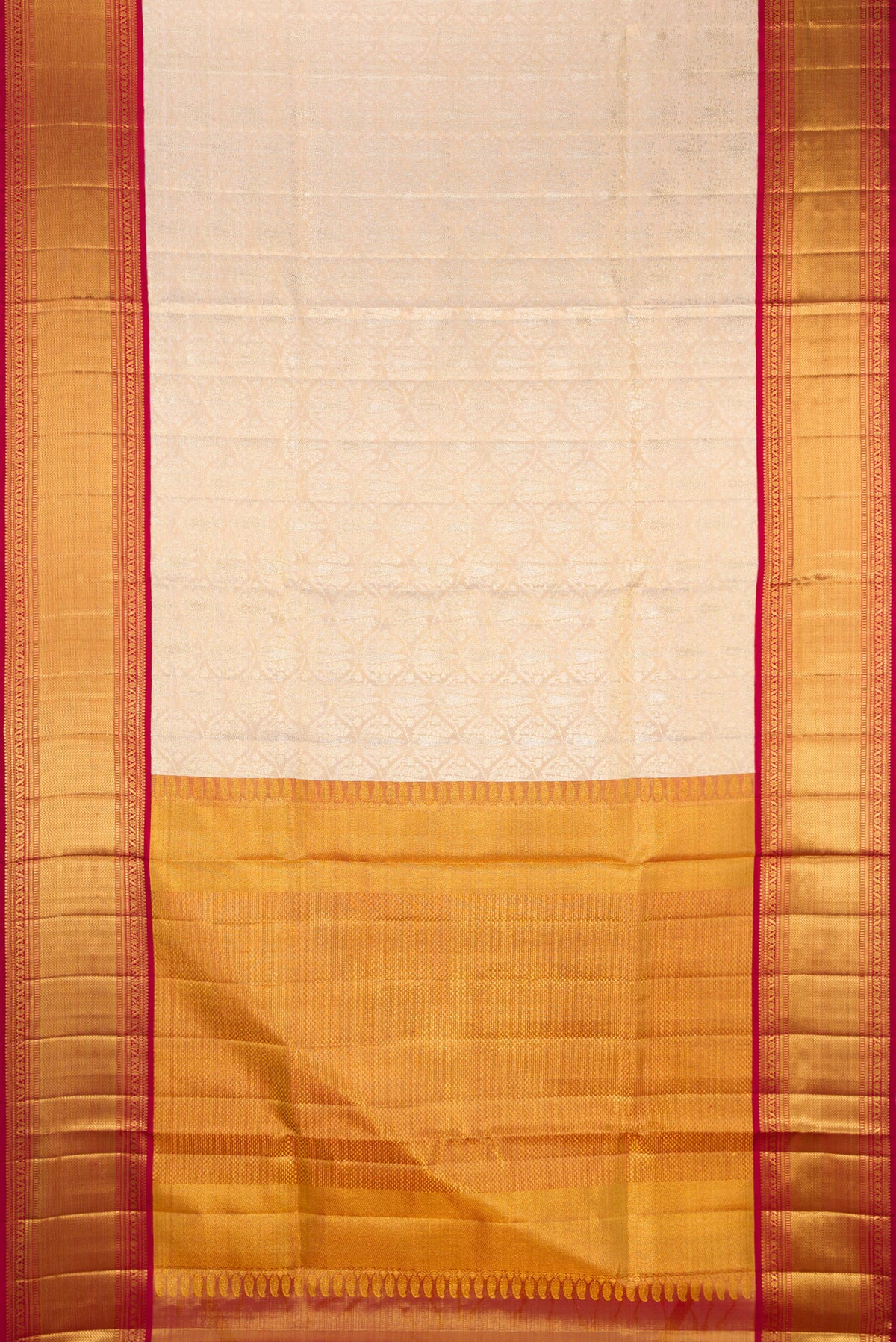 Flat view of Golden Peach Kanjivaram Tissue Silk Saree with Zari Brocade on the body and Zari Border. 