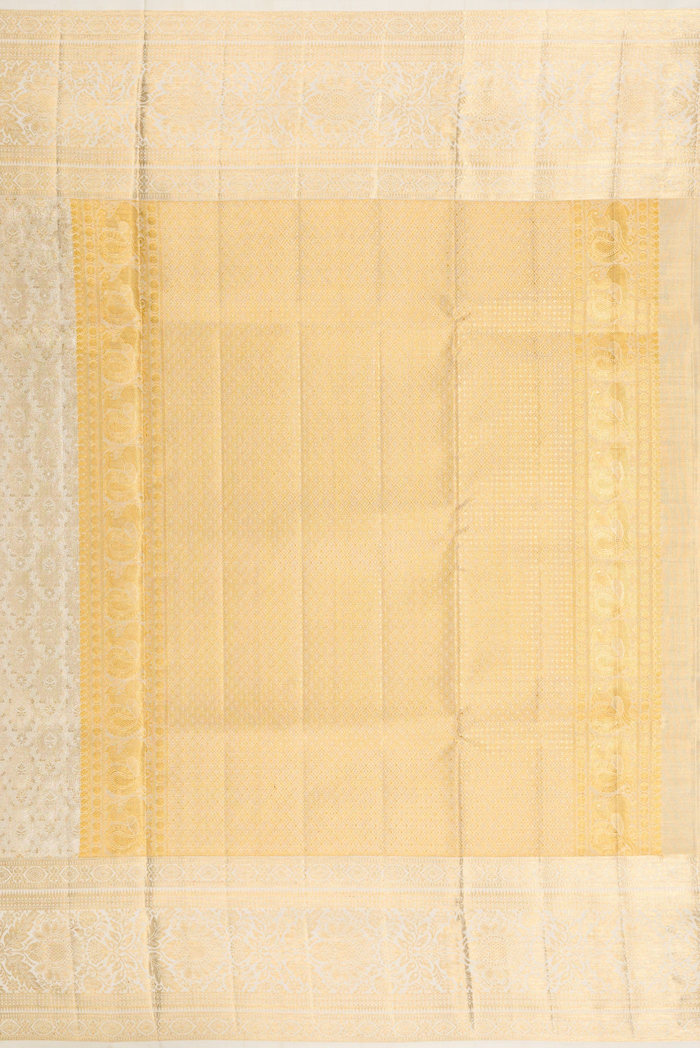 Close up image of the pallu of Off White Dual Tone Kanjivaram Tissue Silk Saree with Zari Brocade on the body and Fancy Border. 