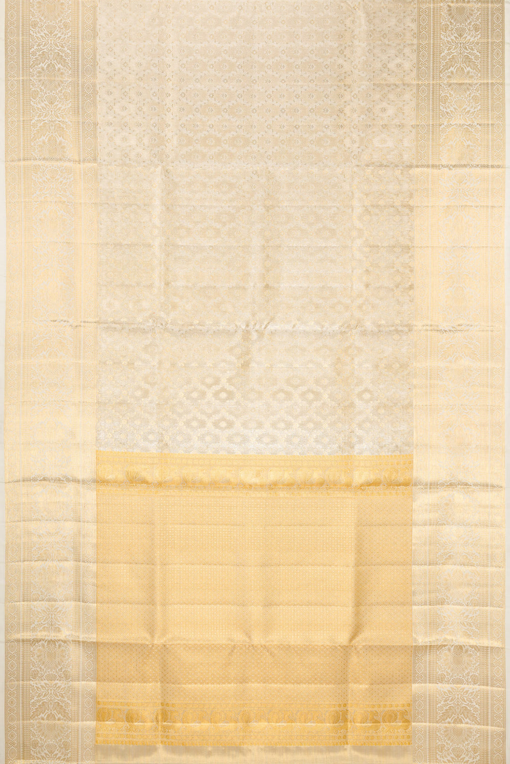 Flat view of Off White Dual Tone Kanjivaram Tissue Silk Saree with Zari Brocade on the body and Fancy Border. 