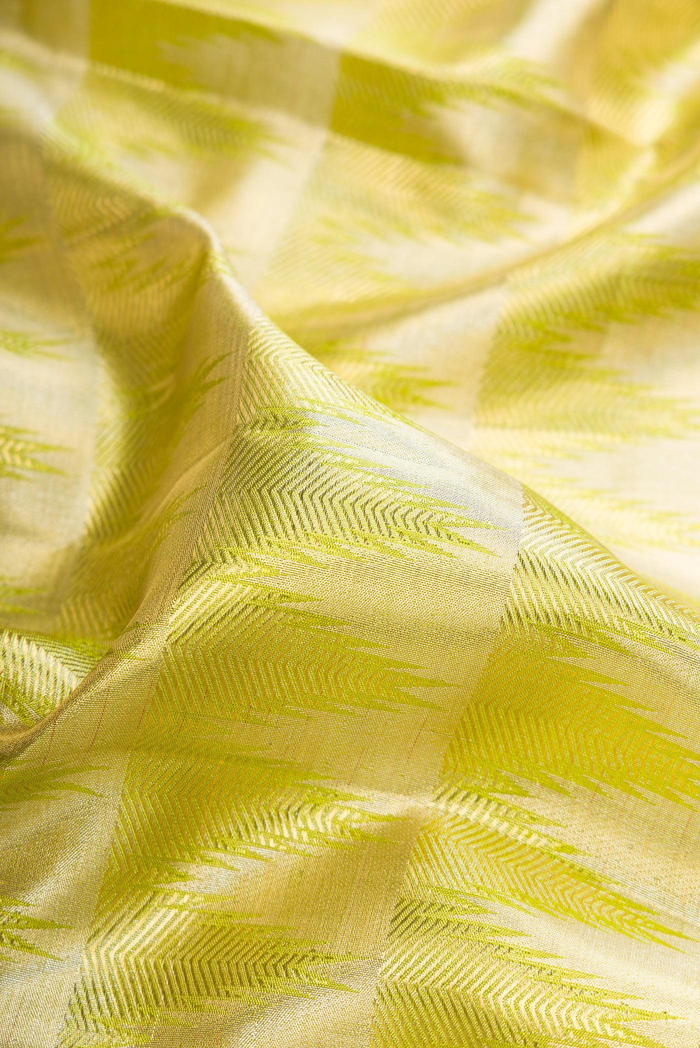 Close up of Parrot Green Dual Tone Kanjivaram Tissue Silk Saree with Zari Brocade on the body and Fancy Border.  displaying folds