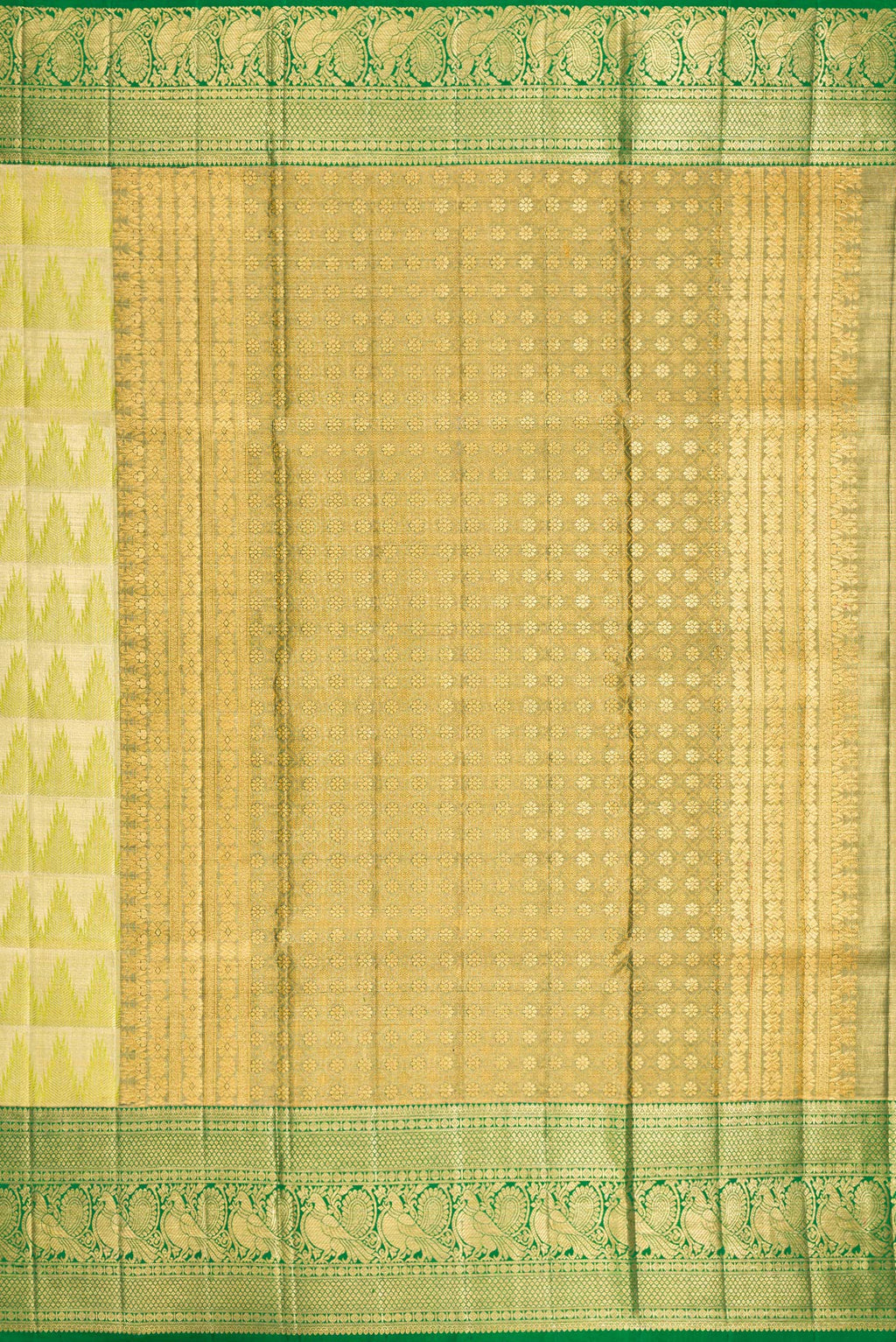 Close up image of the pallu of Parrot Green Dual Tone Kanjivaram Tissue Silk Saree with Zari Brocade on the body and Fancy Border. 
