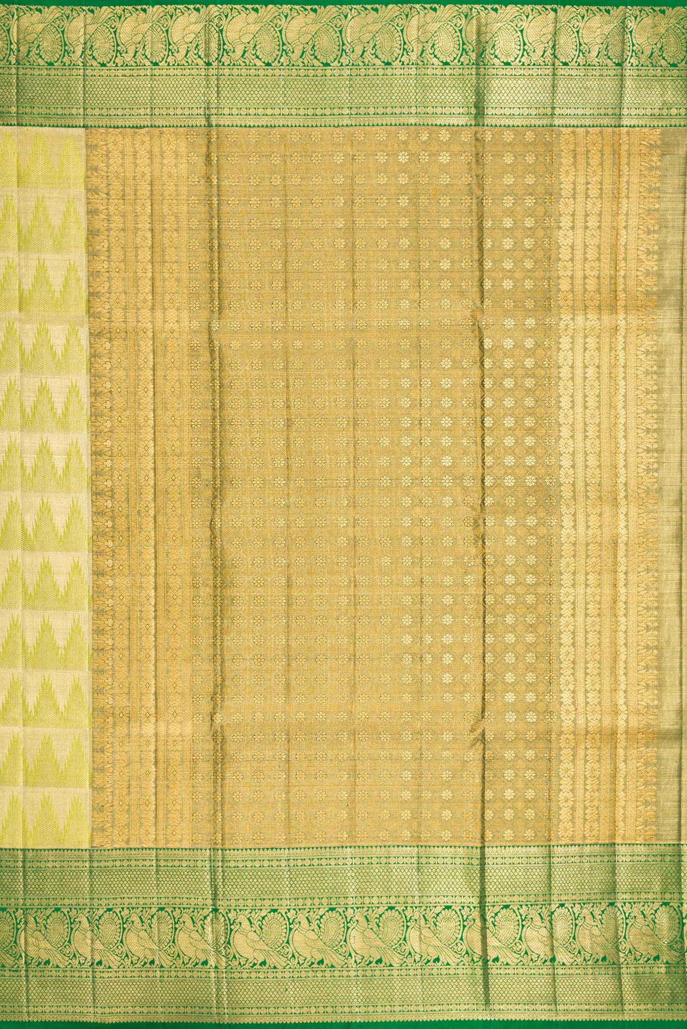 Close up image of the pallu of Parrot Green Dual Tone Kanjivaram Tissue Silk Saree with Zari Brocade on the body and Fancy Border. 