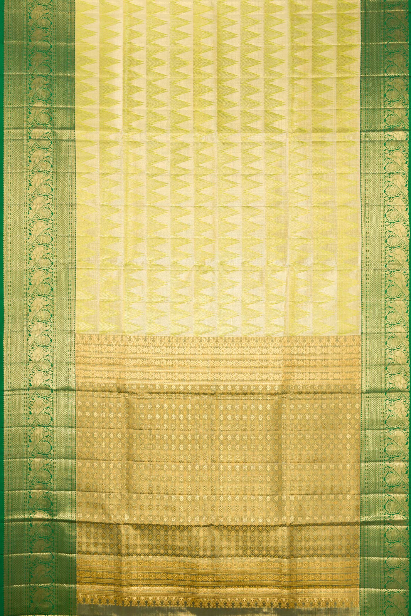 Flat view of Parrot Green Dual Tone Kanjivaram Tissue Silk Saree with Zari Brocade on the body and Fancy Border. 