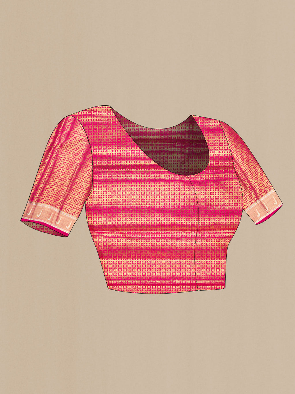 Close up image of the blouse of Pure Silk Multi Color Kanjivaram Saree with Zari Brocade on the body and Temple Border. 