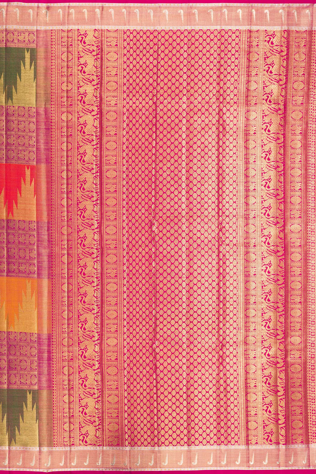 Close up image of the pallu of Pure Silk Multi Color Kanjivaram Saree with Zari Brocade on the body and Temple Border. 