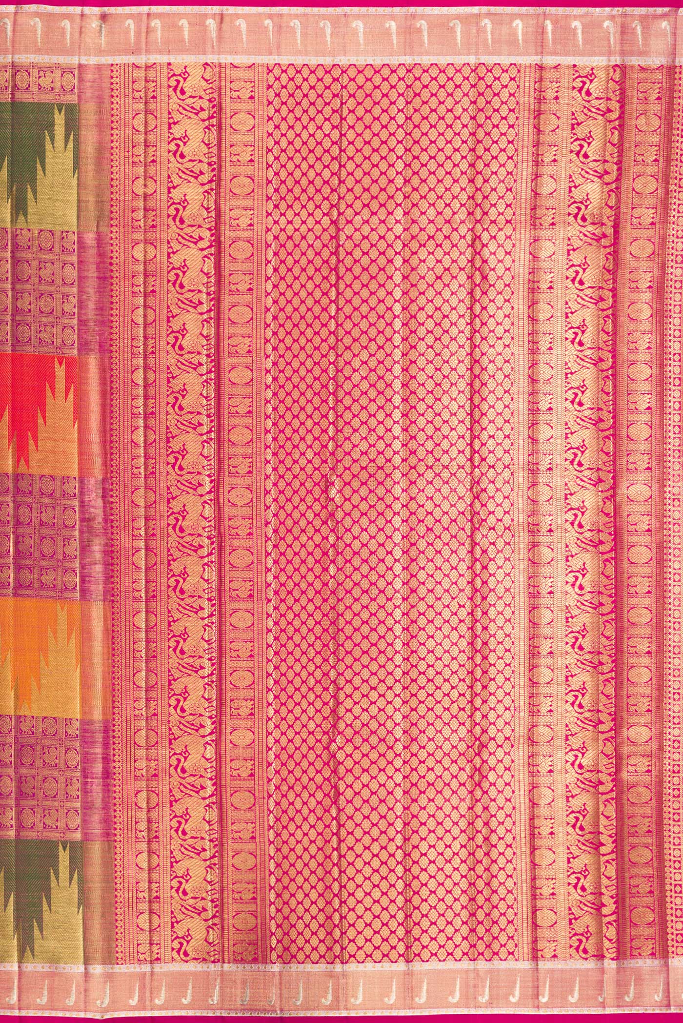 Close up image of the pallu of Pure Silk Multi Color Kanjivaram Saree with Zari Brocade on the body and Temple Border. 